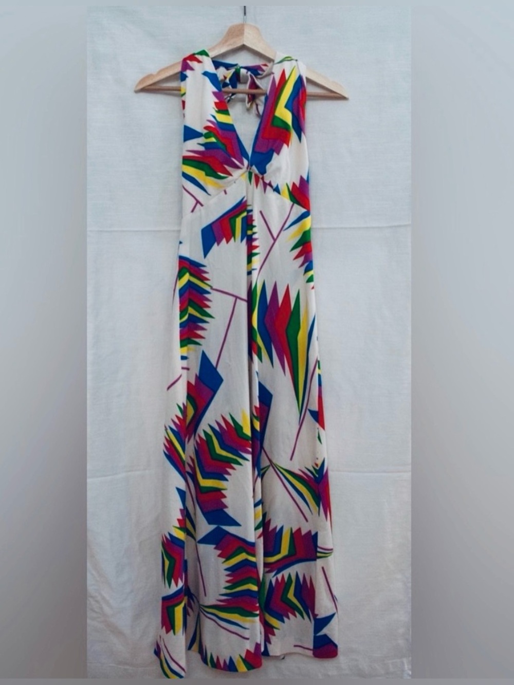 Vintage Circa 1970's Maximalist Halter Maxi Dress w/ Multicolor Geometric Print